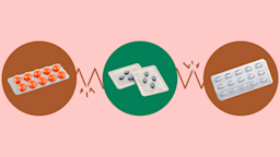 Light-red background with three circles across the frame. In the center, on a green circle, are two blister packs of sildenafil pills. On the left, on a red circle, is a blister pack of round red pills. On the right, on a red circle, is a silver blister pack of oblong pills.
GoodRx Health
