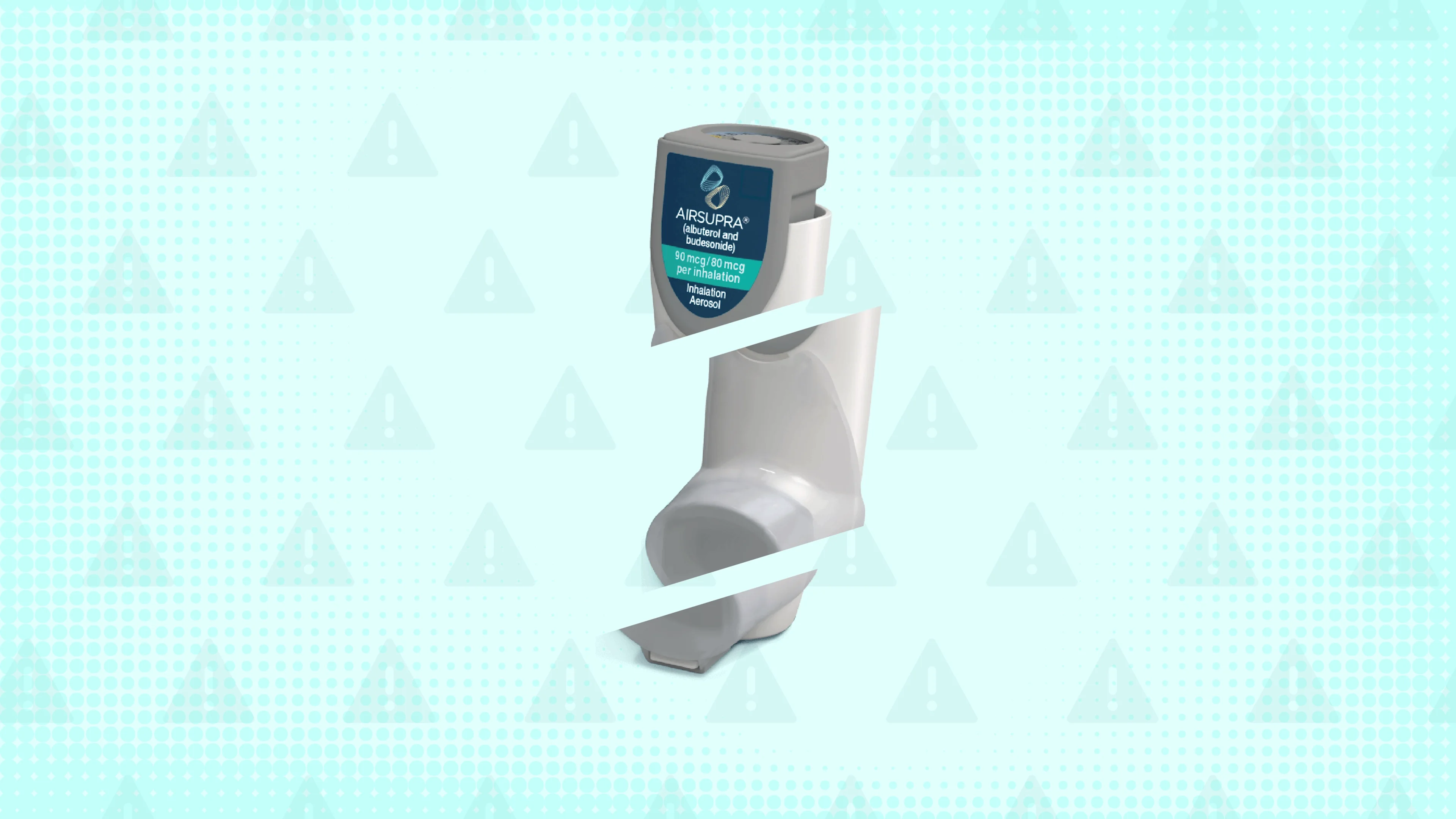 Teal background with texture and warning sign pattern. In the center is an Airsupra inhaler cut into thirds. 