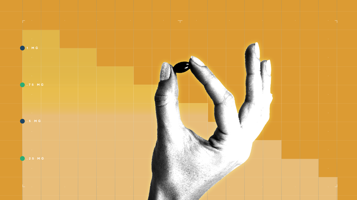 Orange background with graph paper texture. There is a graph that is representative of a step graph. In the center is a black and white cutout image of a hand holding a single Accutane pill. 