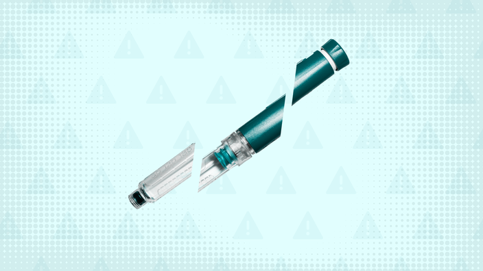 Teal background with halftone texture and warning sign pattern. In the center is a teal insulin pen cut into thirds.