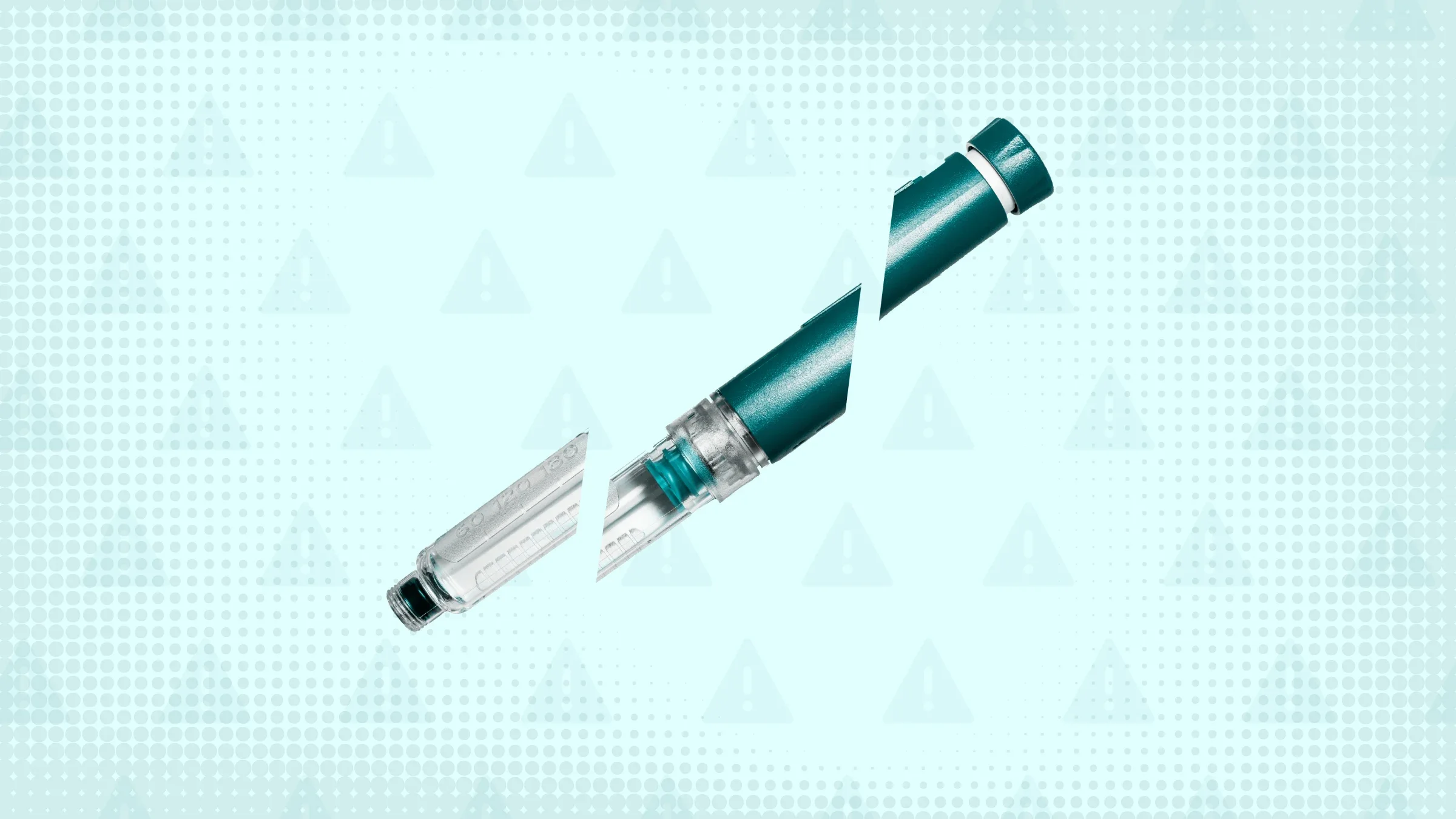 Teal background with halftone texture and warning sign pattern. In the center is a teal insulin pen cut into thirds.
GoodRx Health