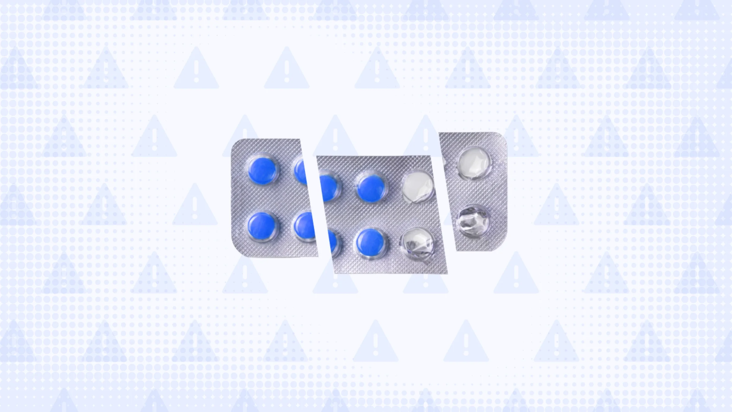 In the center of a blue background with texture and warning sign pattern is a blister pack of round blue pills cut into thirds.