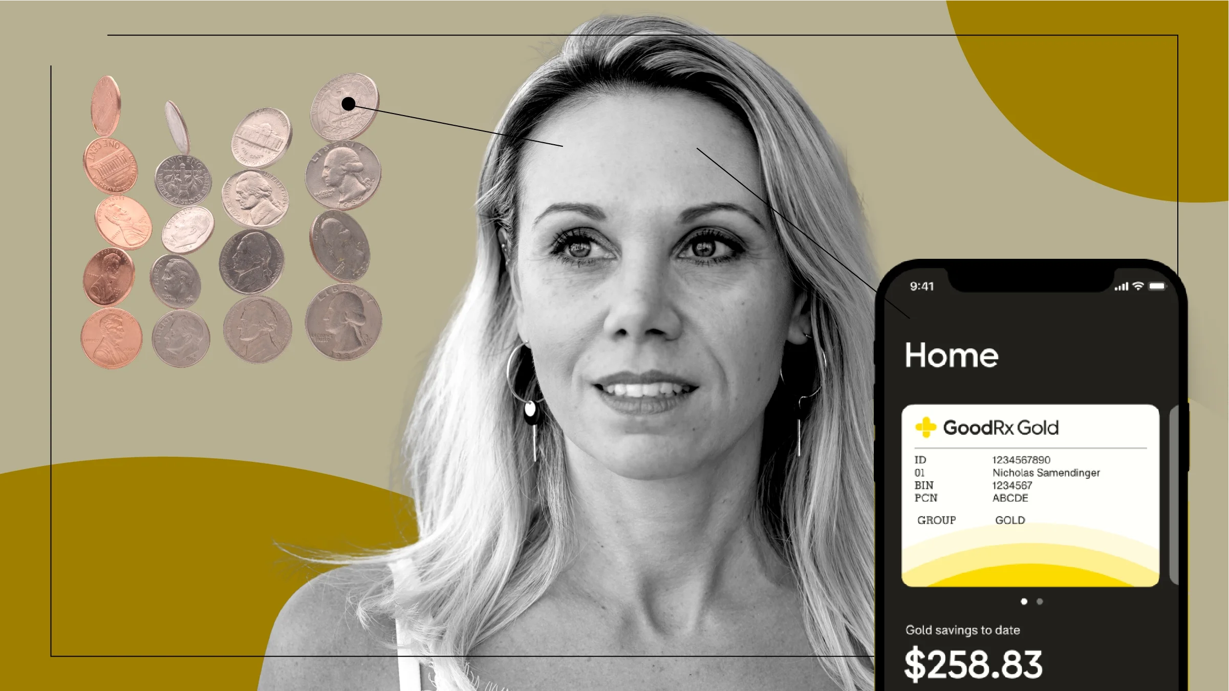 Light-tan background with a black-and-white cutout portrait of a woman looking off to the side. Off of her are diagram lines pointing to objects representing her healthcare savings.