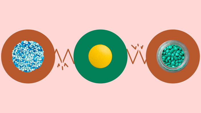 A custom graphic shows what types of medications interact with Diazepam. In the center, on a green circle, is a round yellow pill. On the right, on a red circle is an overhead shot of a bottle of green pills. On the left, on a red circle is an overhead shot of a pile of different blue pills.