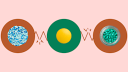 A custom graphic shows what types of medications interact with Diazepam. In the center, on a green circle, is a round yellow pill. On the right, on a red circle is an overhead shot of a bottle of green pills. On the left, on a red circle is an overhead shot of a pile of different blue pills.
GoodRx Health