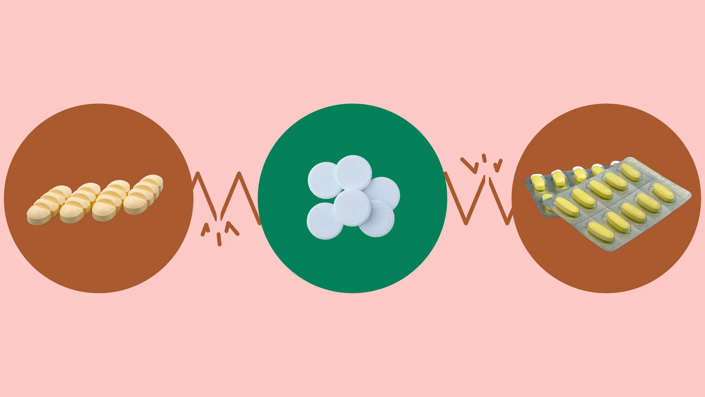 The image shows a light red background with three circles across the frame. In the center, on a green circle, is a pile of blue-ish white pills. On the left, on a red circle, is a row of ridged yellow pills. On the right, on a red circle, are two blister packs of yellow oblong pills. 