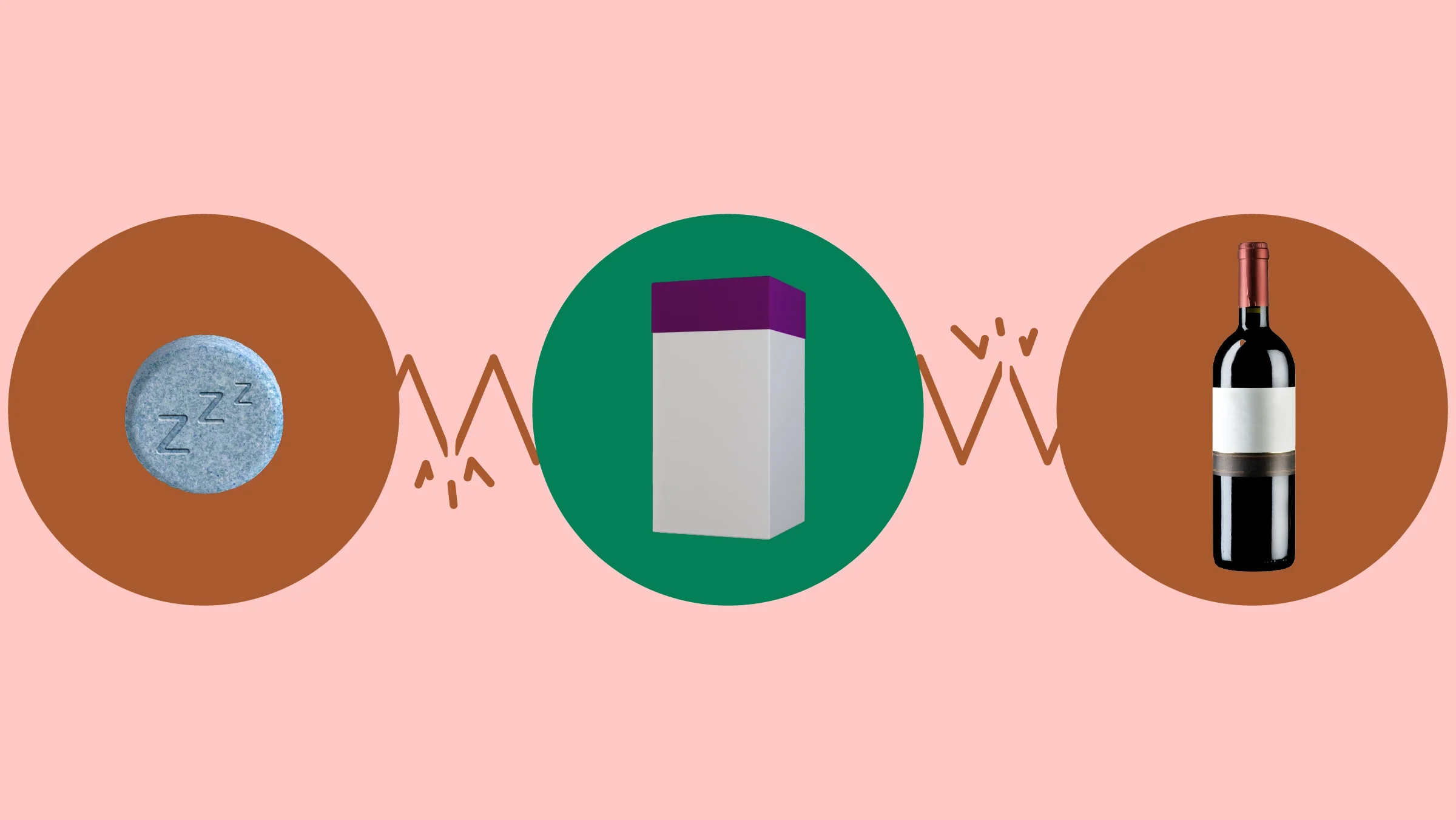 Light-red background with three circles across the frame. In the center, on a green circle, is a white-and-purple medication box. On the left, on a red circle, is a blue sleeping pill with “zzz” written on it. On the right, on a red circle, is a bottle of red wine.