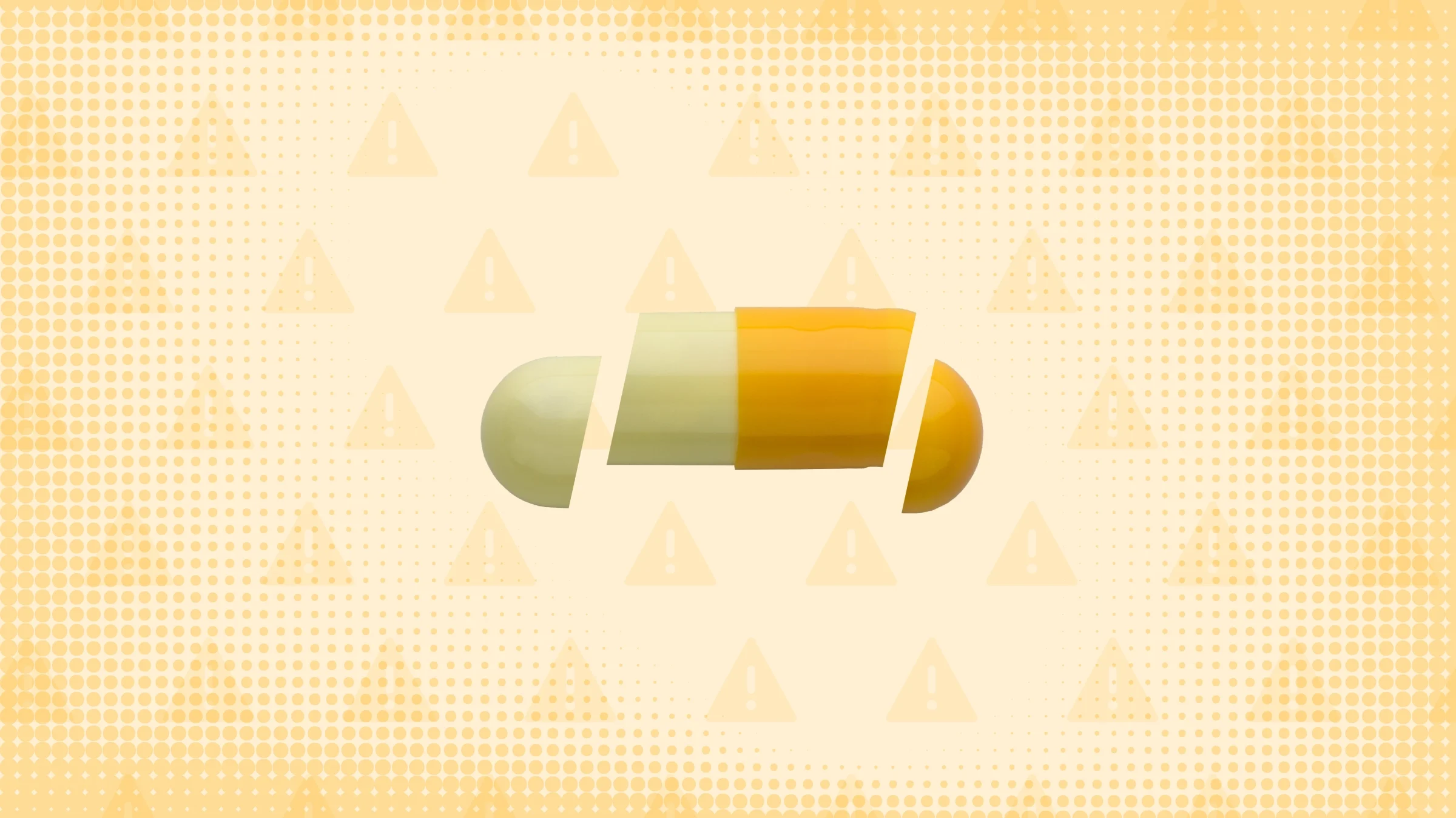 In the center of a light orange-yellow background with texture and warning sign pattern is a light yellow-and-orange capsule pill cut into thirds. 