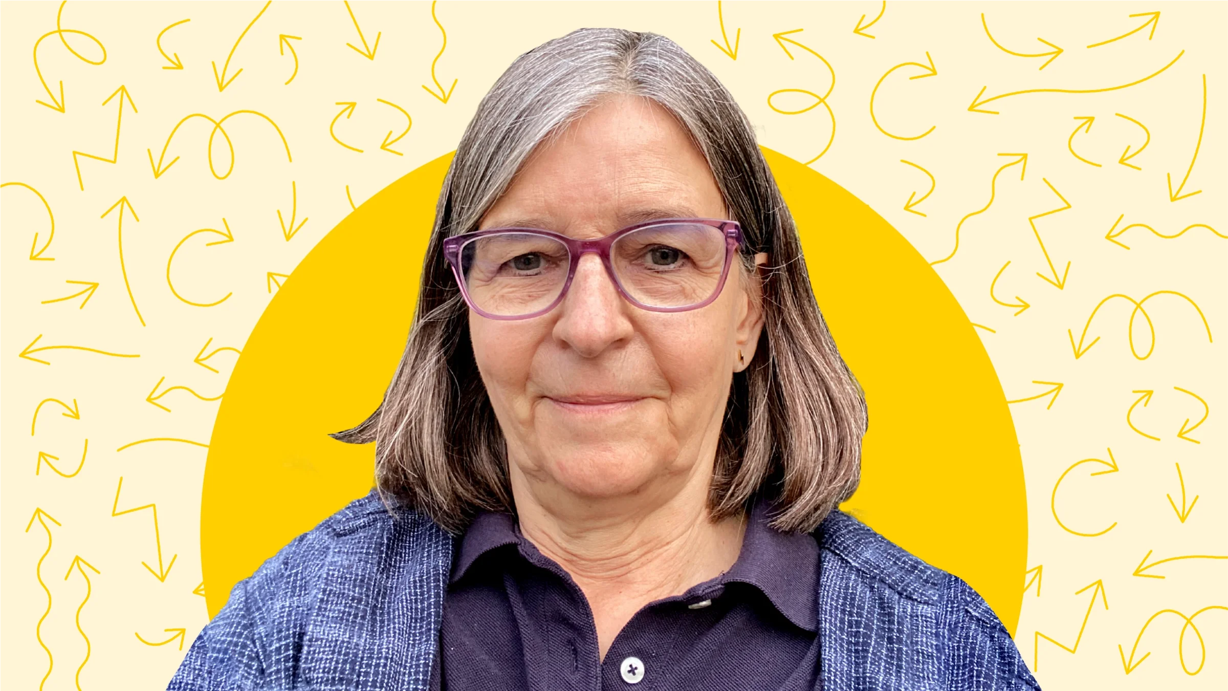 Light yellow background with doodle arrow pattern. In the center is a bright yellow circle with a cutout portrait of Sue MacDonald.