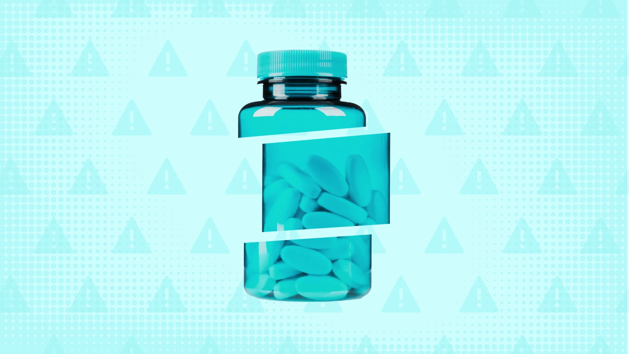 Teal background with texture and warning sign pattern. In the center is a translucent teal pill bottle cut into thirds. 