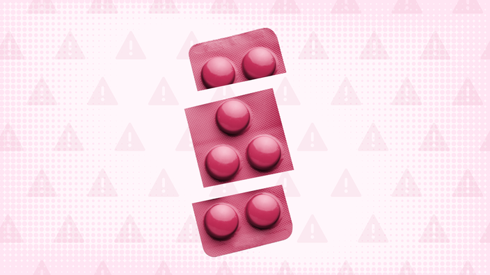 Light pink background with a halftone texture and warning sign pattern. A pink, mauve-colored blister pack of pills rests in the center.