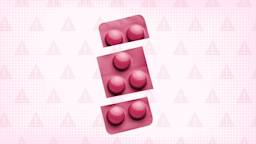 Light pink background with a halftone texture and warning sign pattern. A pink, mauve-colored blister pack of pills rests in the center.
GoodRx Health
