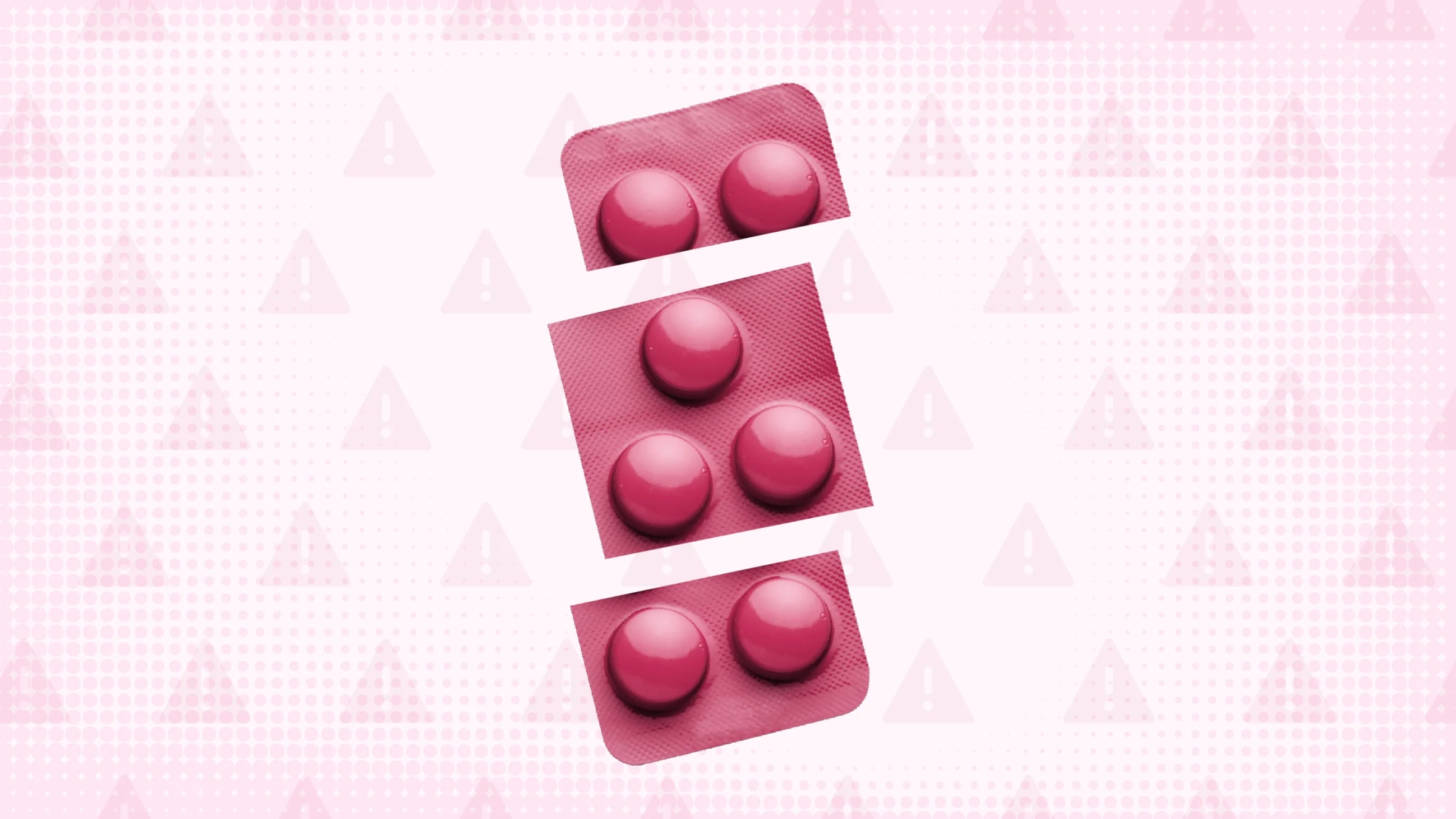 Light pink background with a halftone texture and warning sign pattern. A pink, mauve-colored blister pack of pills rests in the center.