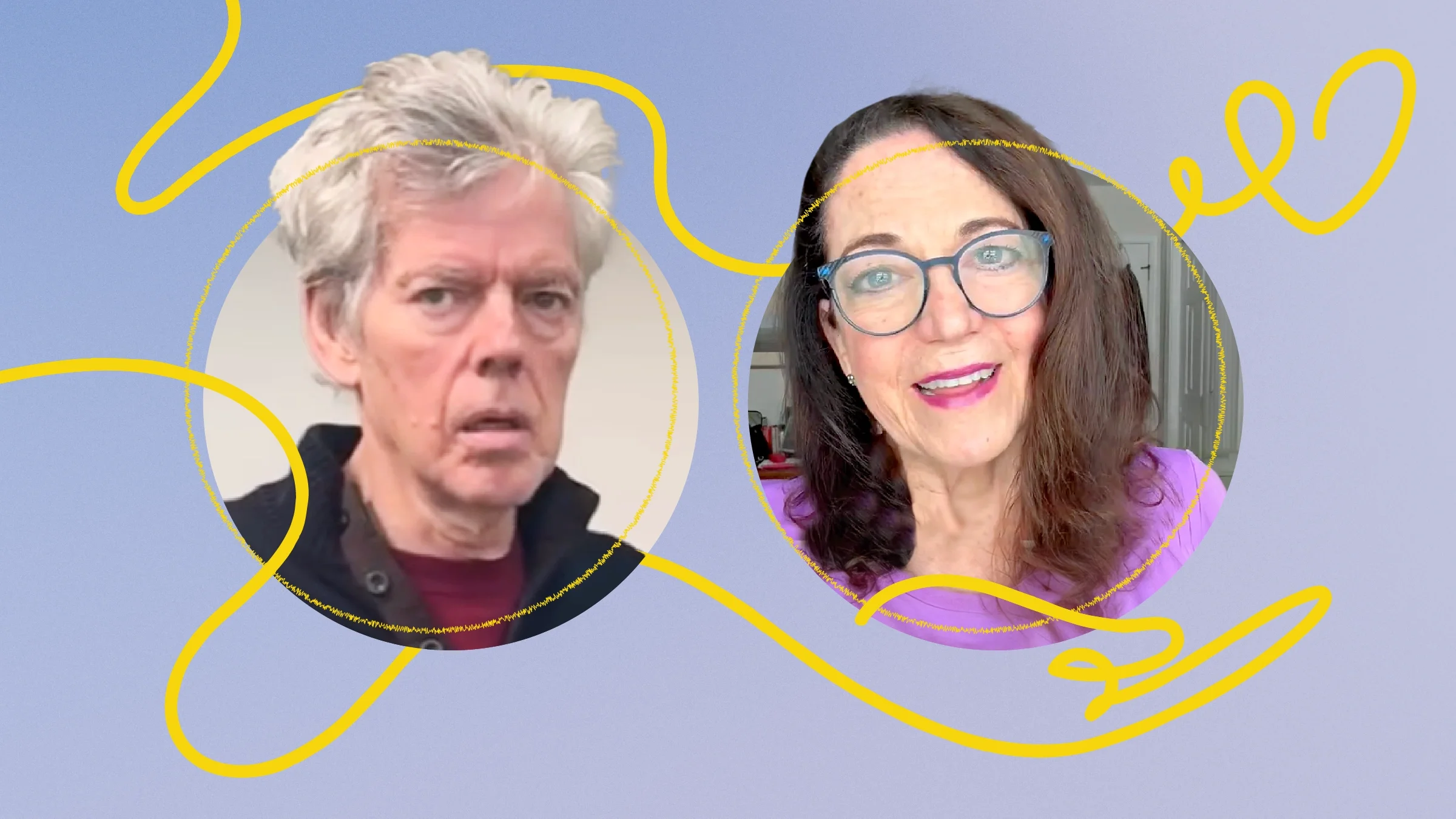 Purple background with circular cropped portraits of Ben and Diane Chew. Intertwined with the photos is a yellow doodle of a hand and heart.