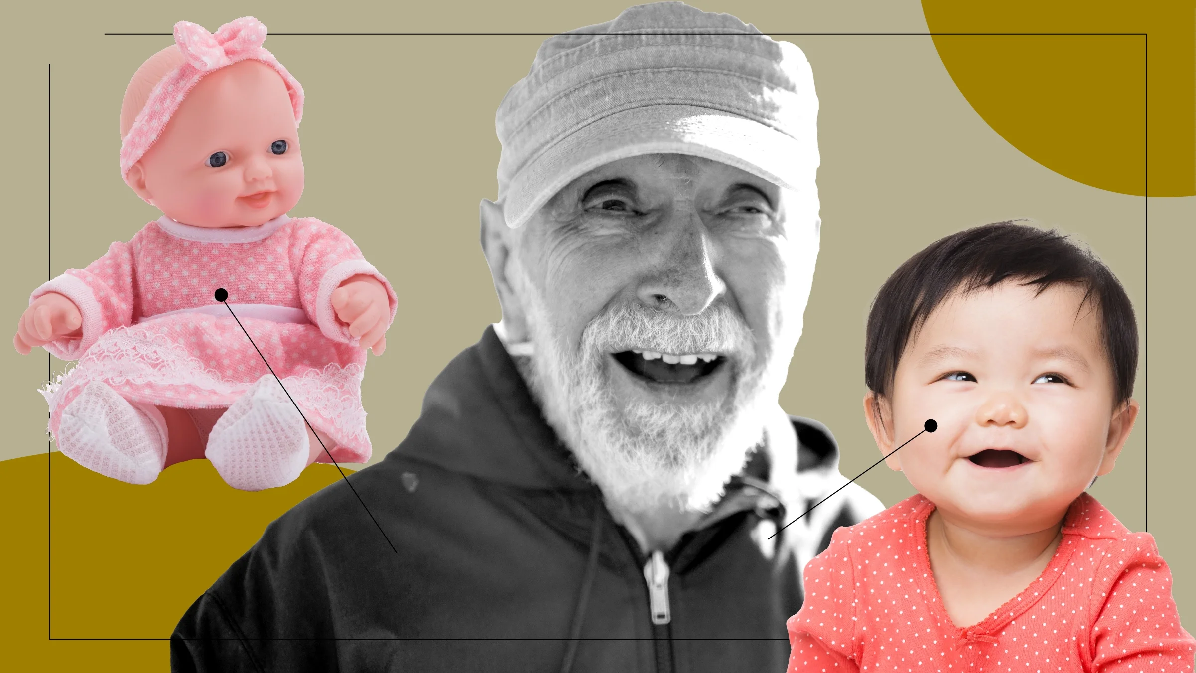 Tan background with black-and-white cutout of an older man with a huge smile. Off of him are diagram lines pointing to objects representing baby doll therapy for Alzheimer’s. On the left is a cut baby doll in a pink polk-a-dot outfit. On the right is a real baby laughing with a huge smile. 