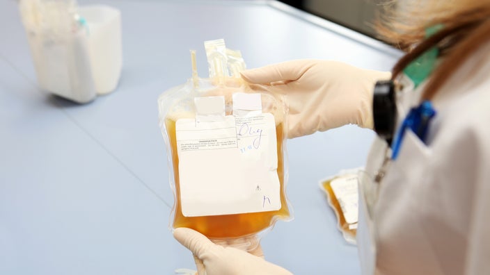 A bag of plasma is shown in a close-up.