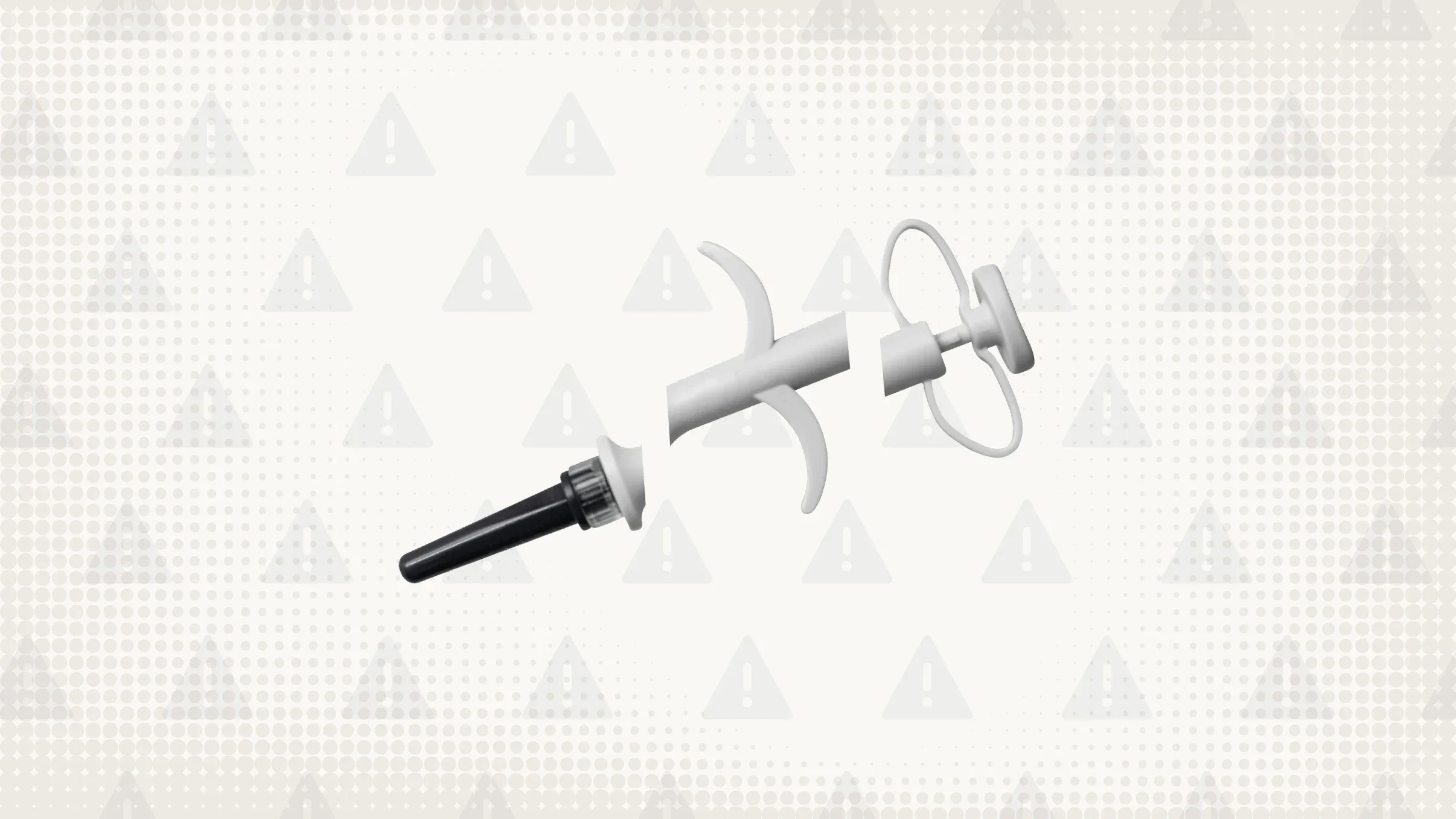 In the center of a light gray background with texture and warning sign pattern is a white and gray plastic syringe cut into thirds. 
GoodRx Health
