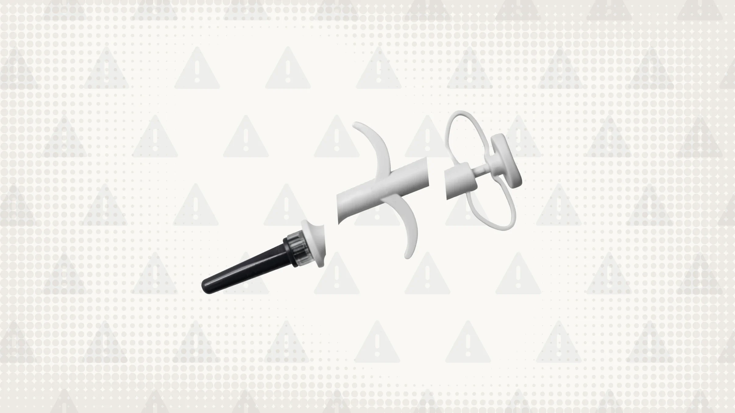 In the center of a light gray background with texture and warning sign pattern is a white and gray plastic syringe cut into thirds. 
