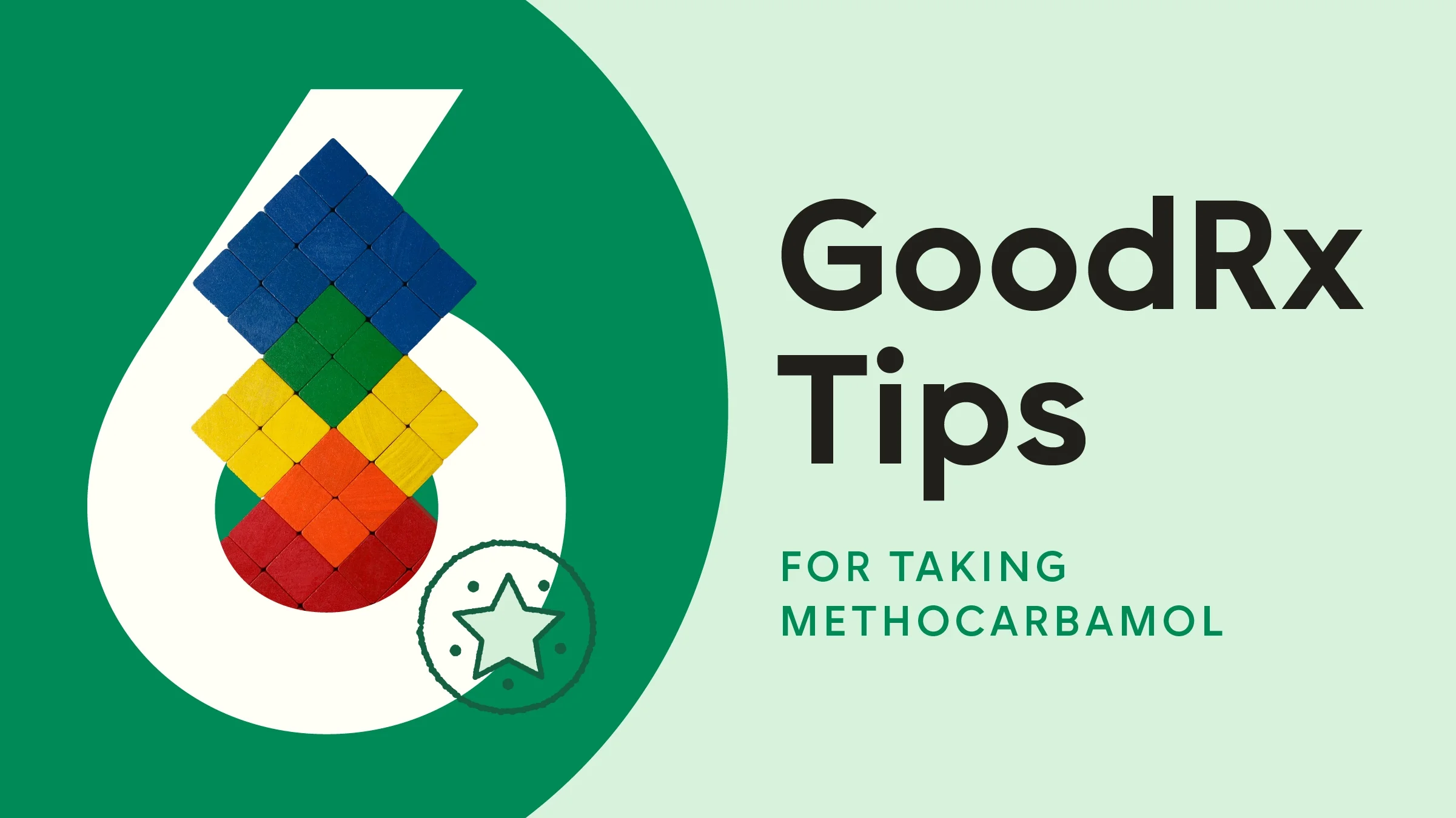 A custom graphic reads “6 GoodRx Tips for Taking Methocarbamol” with colorful blocks coming out of the number six.