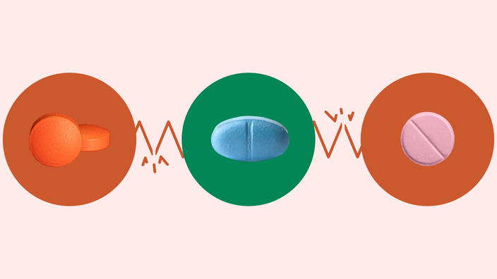 Light red background with three circles centered across the frame. They are connected by a red zigzag broken line. In the center of each circle is a different type of medicine. The center green circle has a blue naproxen pill. The red circle to the left has red round pills. And the red circle to the right has a pastel pink round pill. 