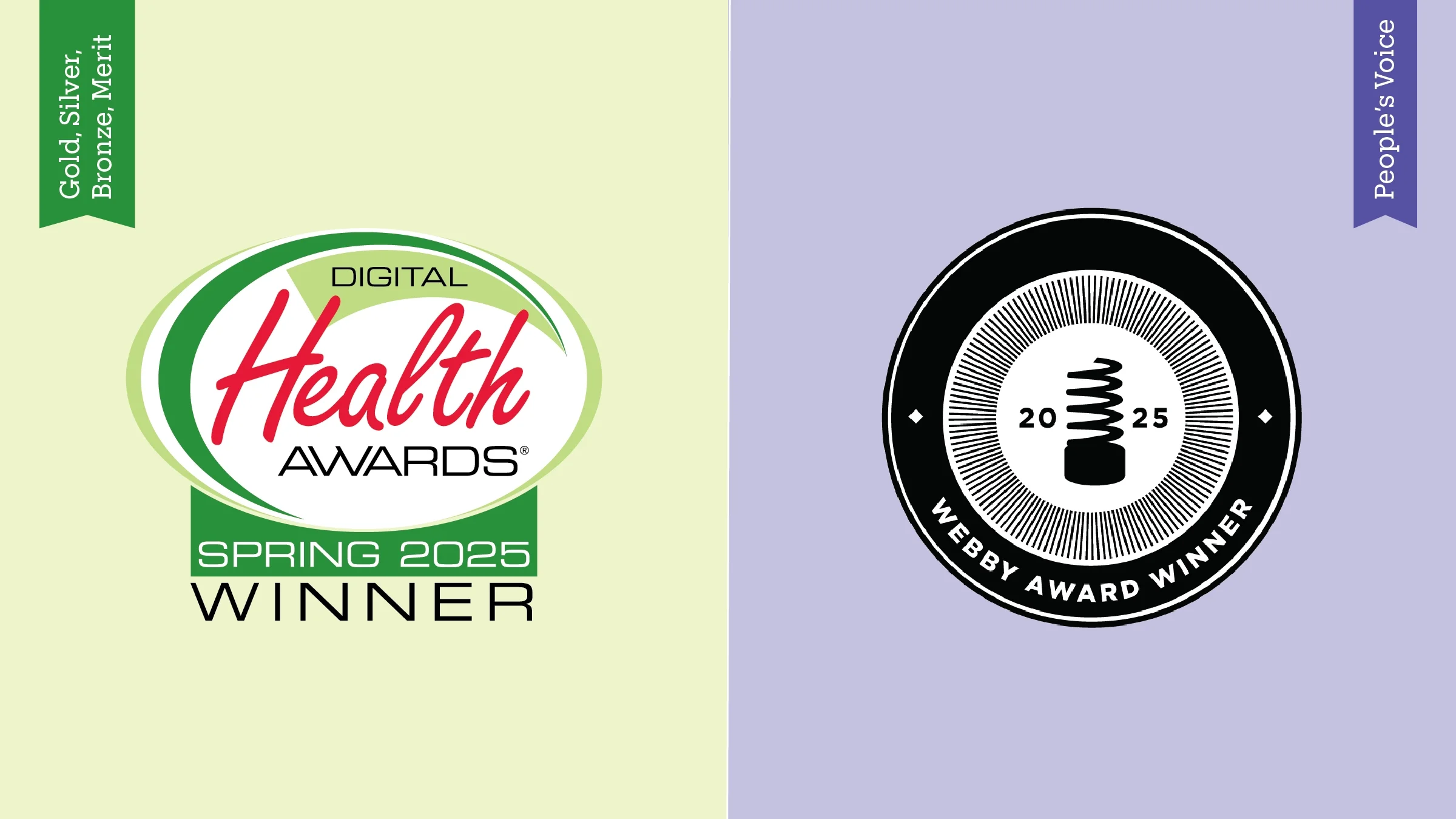 Light green and purple split background with the logos for the Digital Health Awards and Webby Award winners.