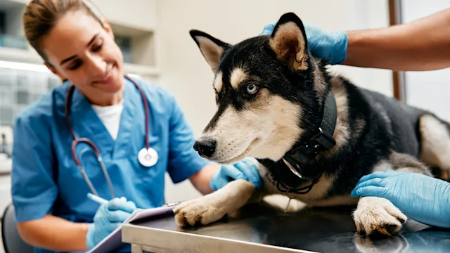 dog laying on table at vet 1803896130
