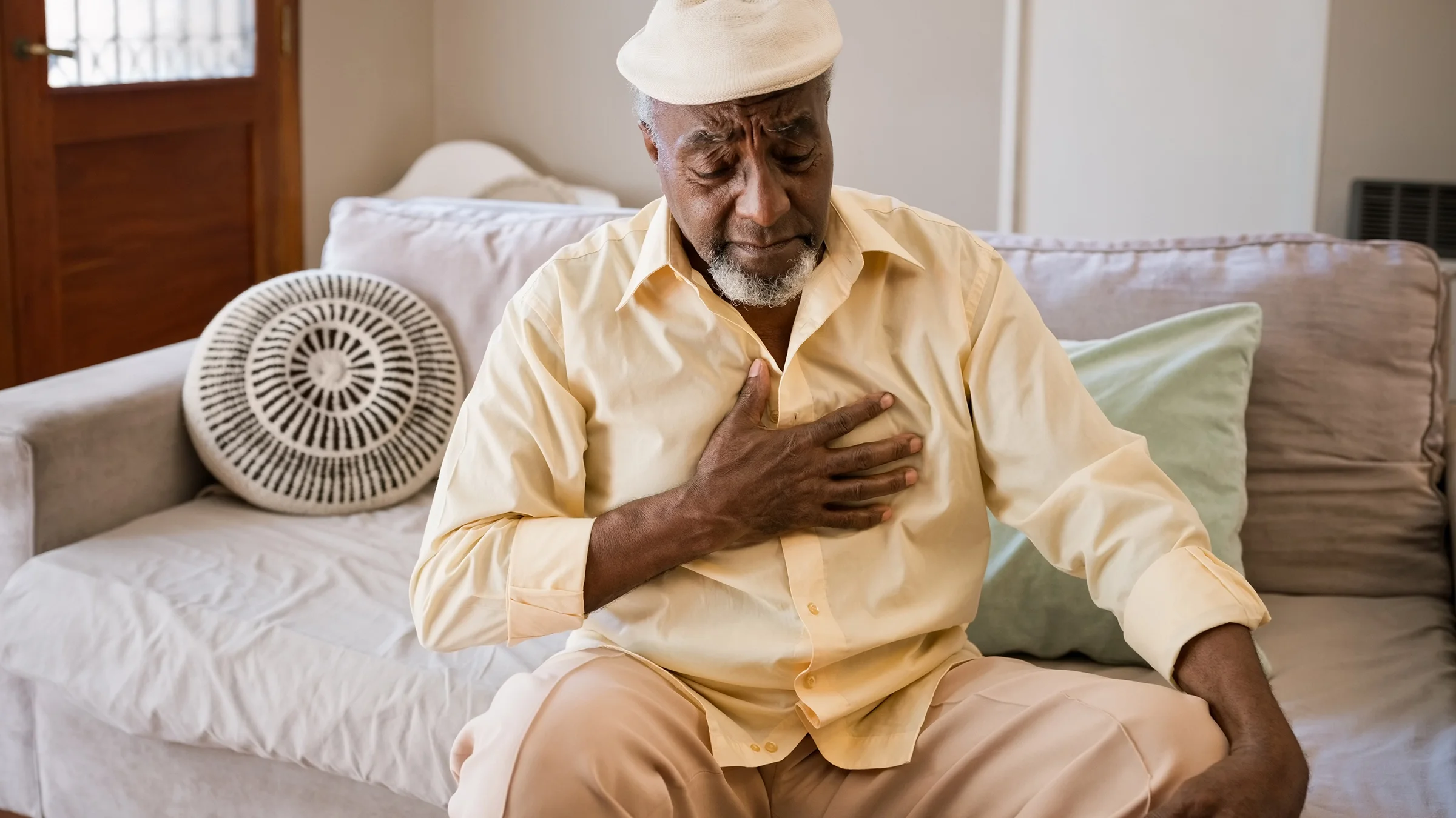 Older man clutching his chest in pain. He's sitting at home on the couch wearing a yellow linen shirt and driving cap.