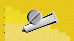 Bright yellow background with graph paper texture. There is a representation of a step graphic on top. In the center are overlapping black-and-white cutout images of forms of ketoconazole: a pill and a cream tube.
GoodRx Health