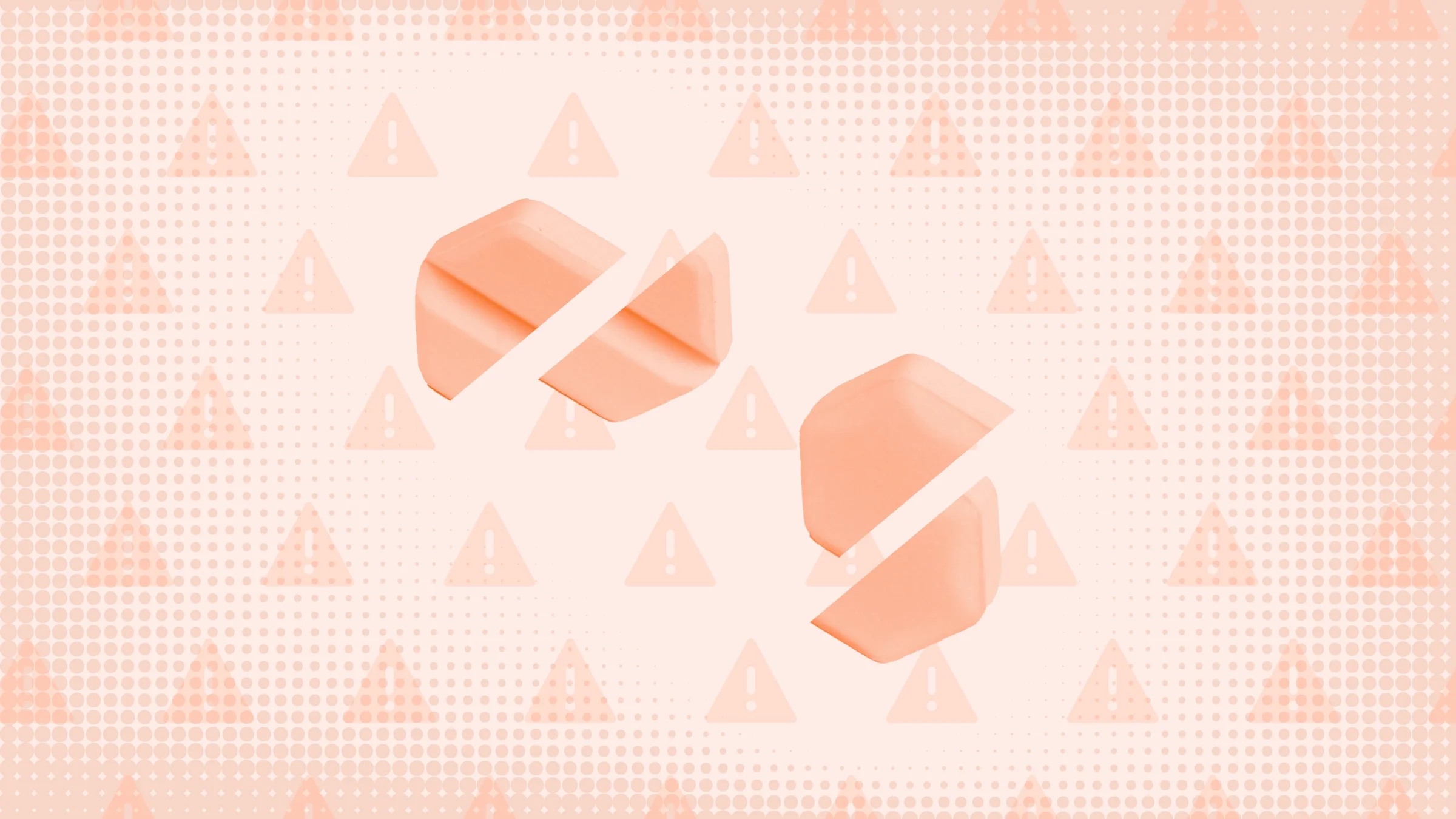 Two hexagon-shaped pills, each cut in half, are shown on a light orange background with a warning sign pattern.