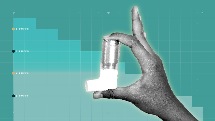 In the center of a light teal background with graph paper texture and step graph representing dosages is a black and white cutout of a hand holding an inhaler. 