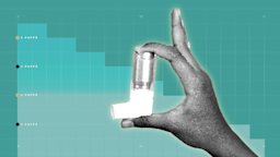 In the center of a light teal background with graph paper texture and step graph representing dosages is a black and white cutout of a hand holding an inhaler. 
GoodRx Health