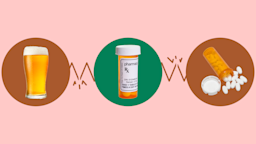 Light-red background with three circles across the frame. In the center, on a green circle, is an orange prescription bottle. On the left, on a red circle, is a foamy glass of beer. On the right, on a red circle is a prescription bottle with white pills spilling out. 
GoodRx Health