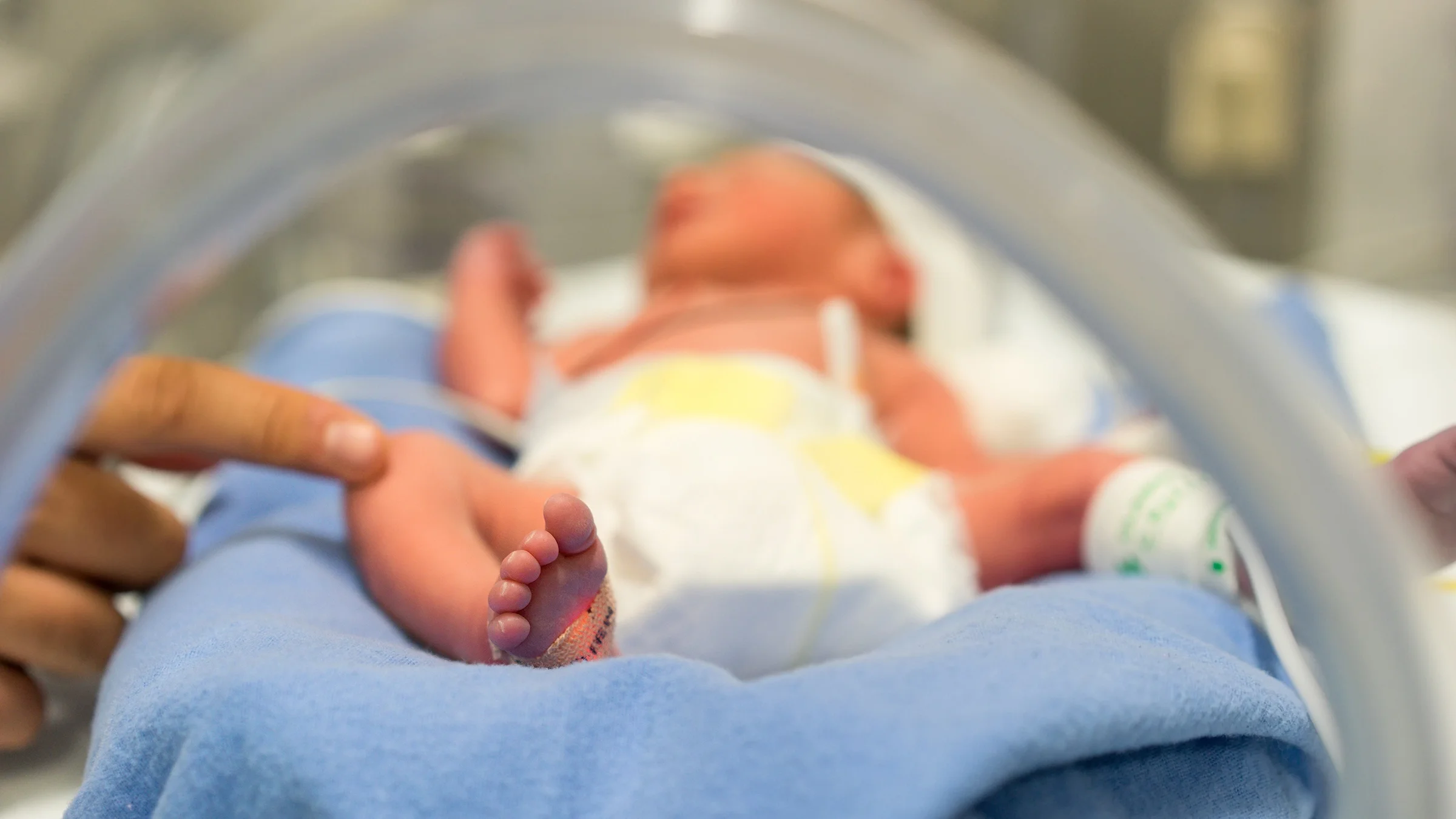 Infant in the neonatal intensive care unit (NICU) with a person or parent reaching in to touch them on their leg.