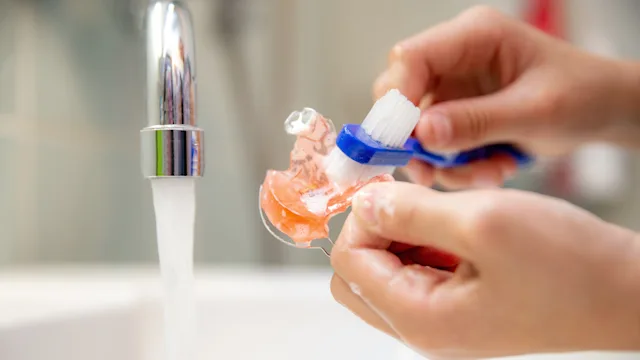 Dental Care: Oral: closeup brushing dental retainer 1357905317