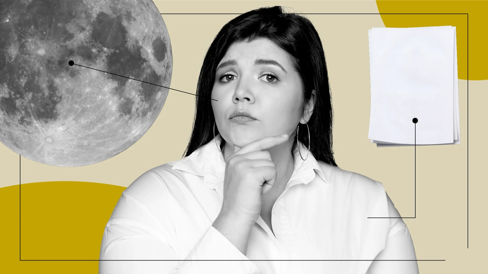 Tan background with yellow circles in the top right and bottom left corners. There is a black and white portrait of a woman with a concerned look on her face in the middle. Off of her, there are diagram lines pointing to items representing the feelings of being on prednisone. The items are: a cutout of the moon and a stack of white paper. 