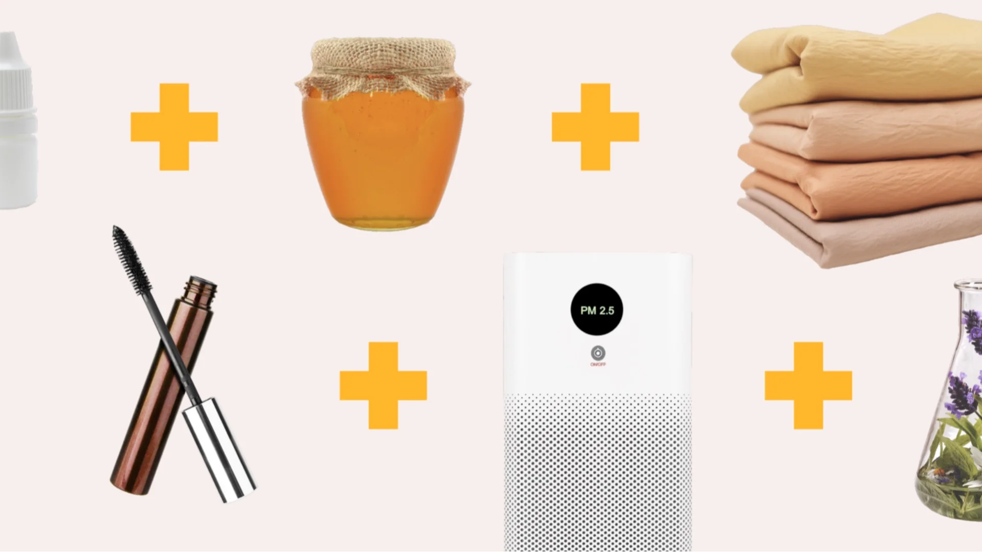 Light pink background with products that help with seasonal allergies. From left to right, top row: eye drops, honey, and clean sheets. From left to right, bottom row: waterproof mascara, air purifier, and herbal oils. There are yellow plus signs in between the items.