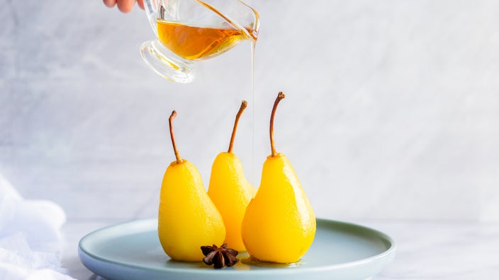 Pear confit gets a drizzle of agave syrup.