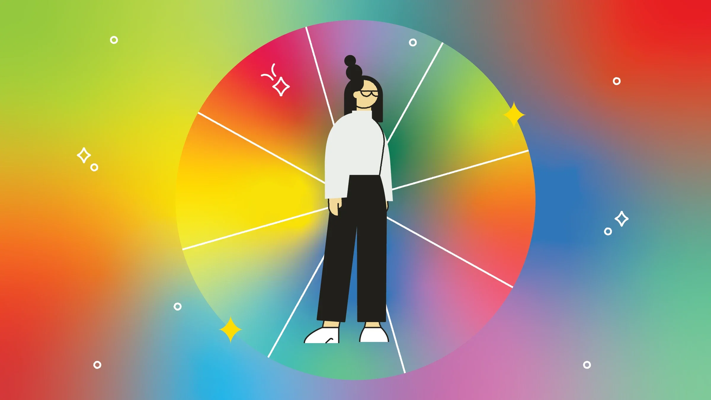 Rainbow gradient background with an illustration of a woman with her hair up on a rainbow circle divided by white lines. 
GoodRx Health