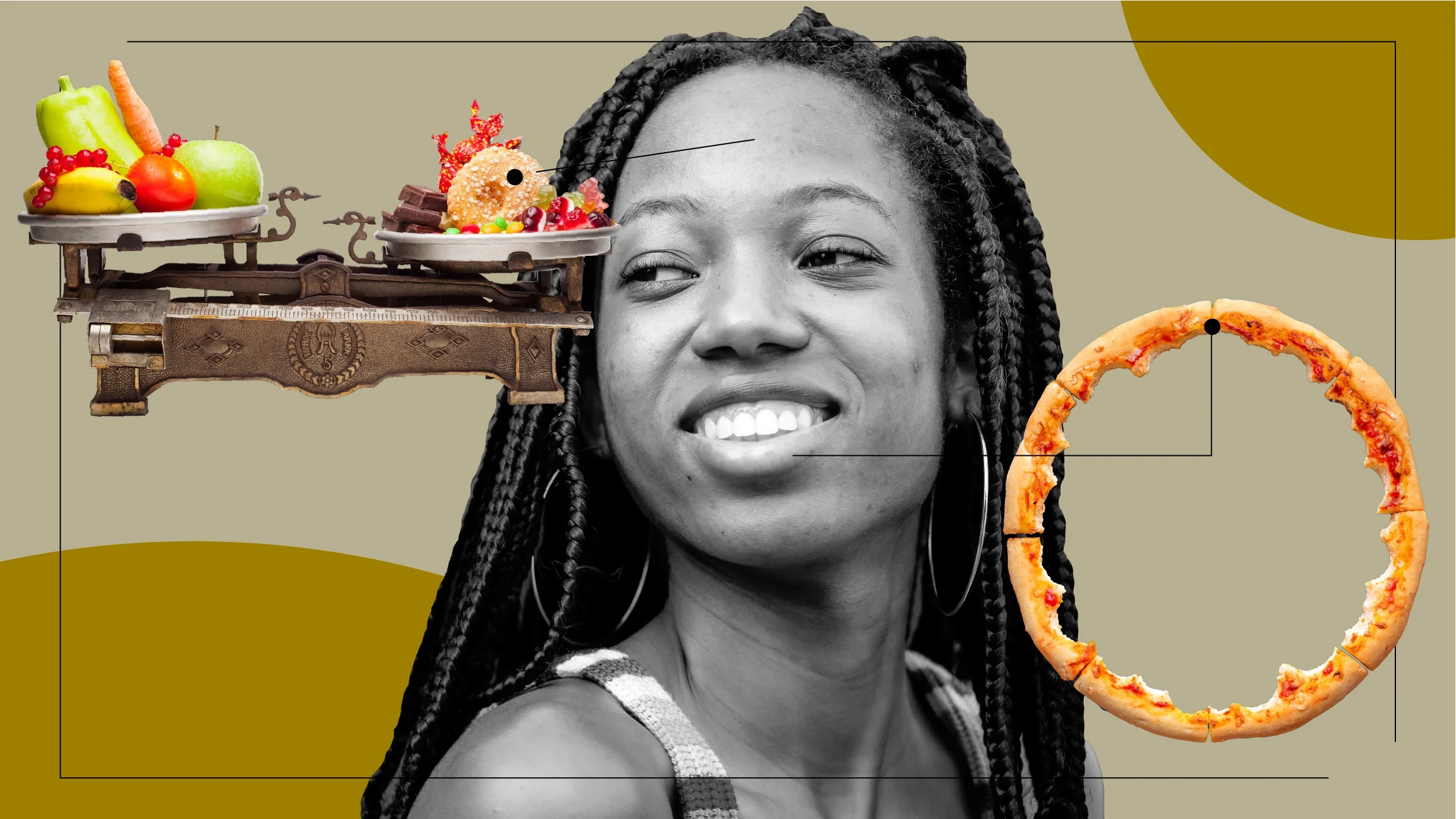 Tan background with black-and-white cutout portrait of a woman looking over her shoulder. On her left side is a scale balancing fruits and vegetables and sugary foods. On the right is a whole pizza eaten from the center to the crust.