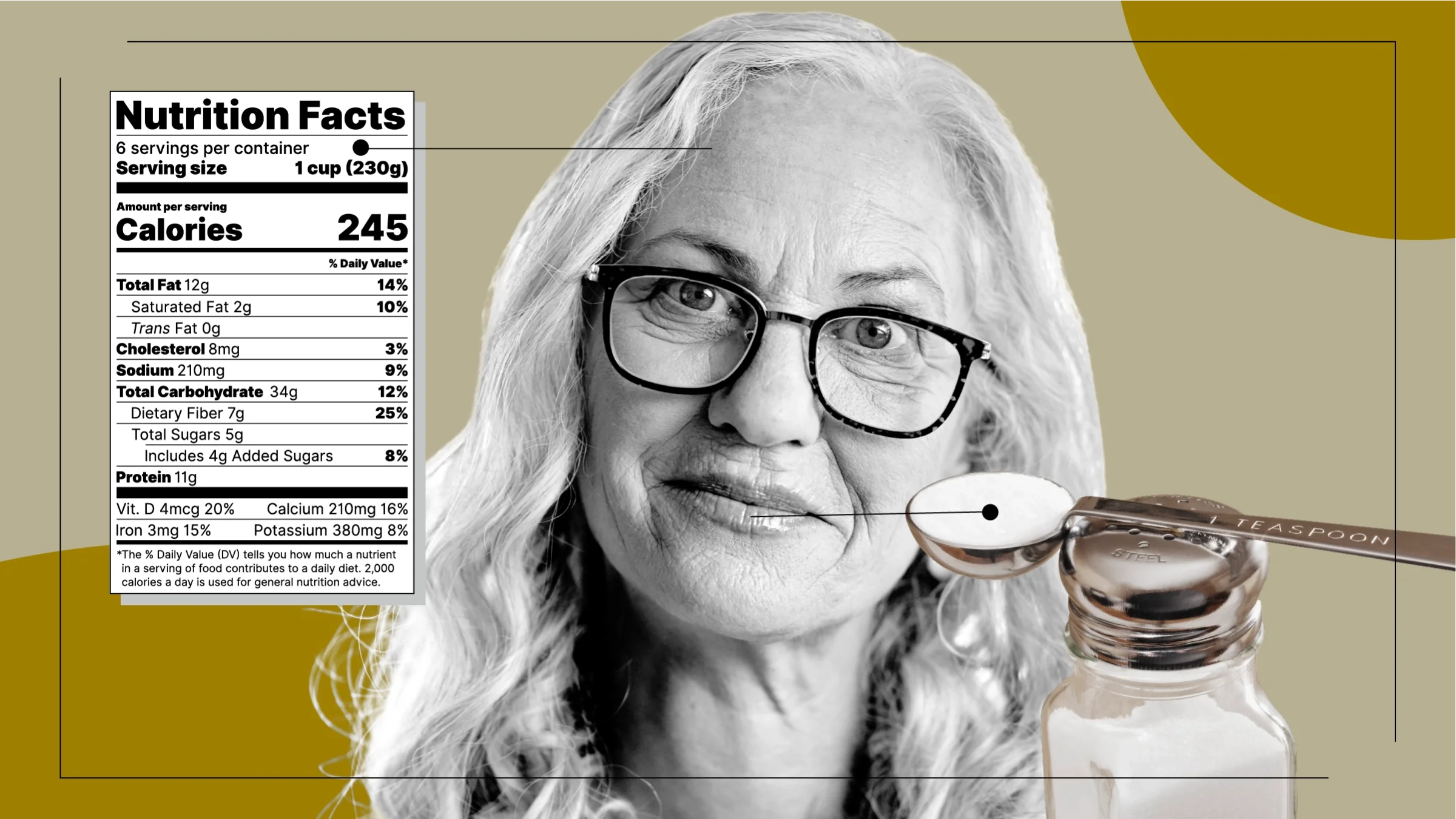 an background with black-and-white cutout portrait of an older woman with glasses. Off of her are diagram lines pointing to objects representing the lifestyle changes Gigi Marino made when diagnosed with chronic kidney disease. On the left is a nutrition label. On the right is a teaspoon of salt on a saltshaker.