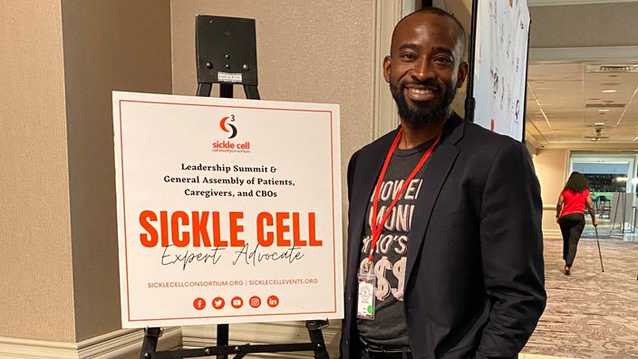 Phill Okwo is pictured at a patient advocacy event for people with sickle cell disease