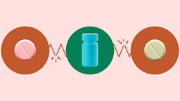 Light red background with three circles across the center connected by a zigzag broken line. In the center, on a green circle, is a teal pill bottle. On the left, on a red circle, is a pink chalky round pill. On the right, on a red circle, is a yellow chalky round pill.
GoodRx Health
