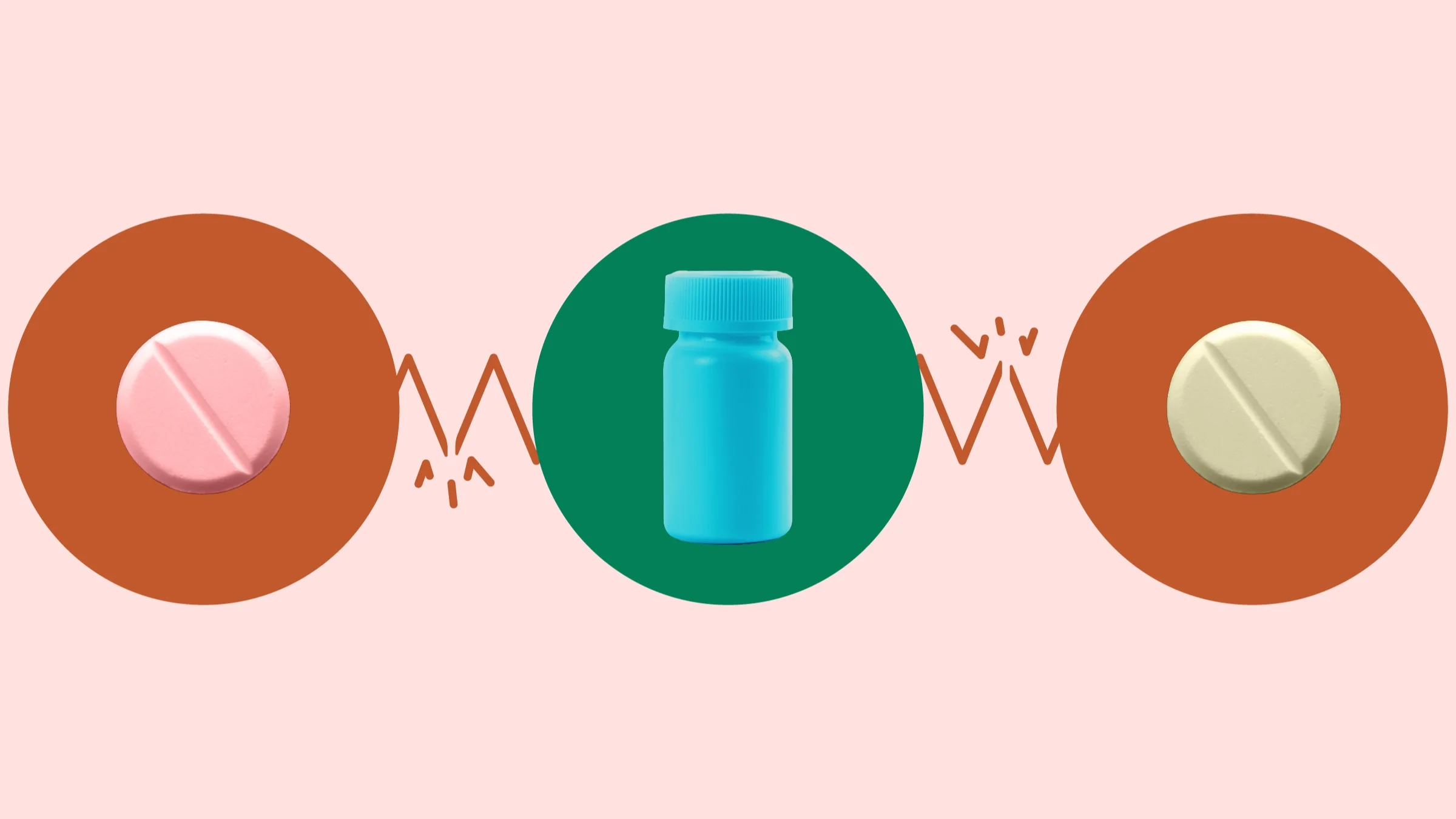 Light red background with three circles across the center connected by a zigzag broken line. In the center, on a green circle, is a teal pill bottle. On the left, on a red circle, is a pink chalky round pill. On the right, on a red circle, is a yellow chalky round pill.