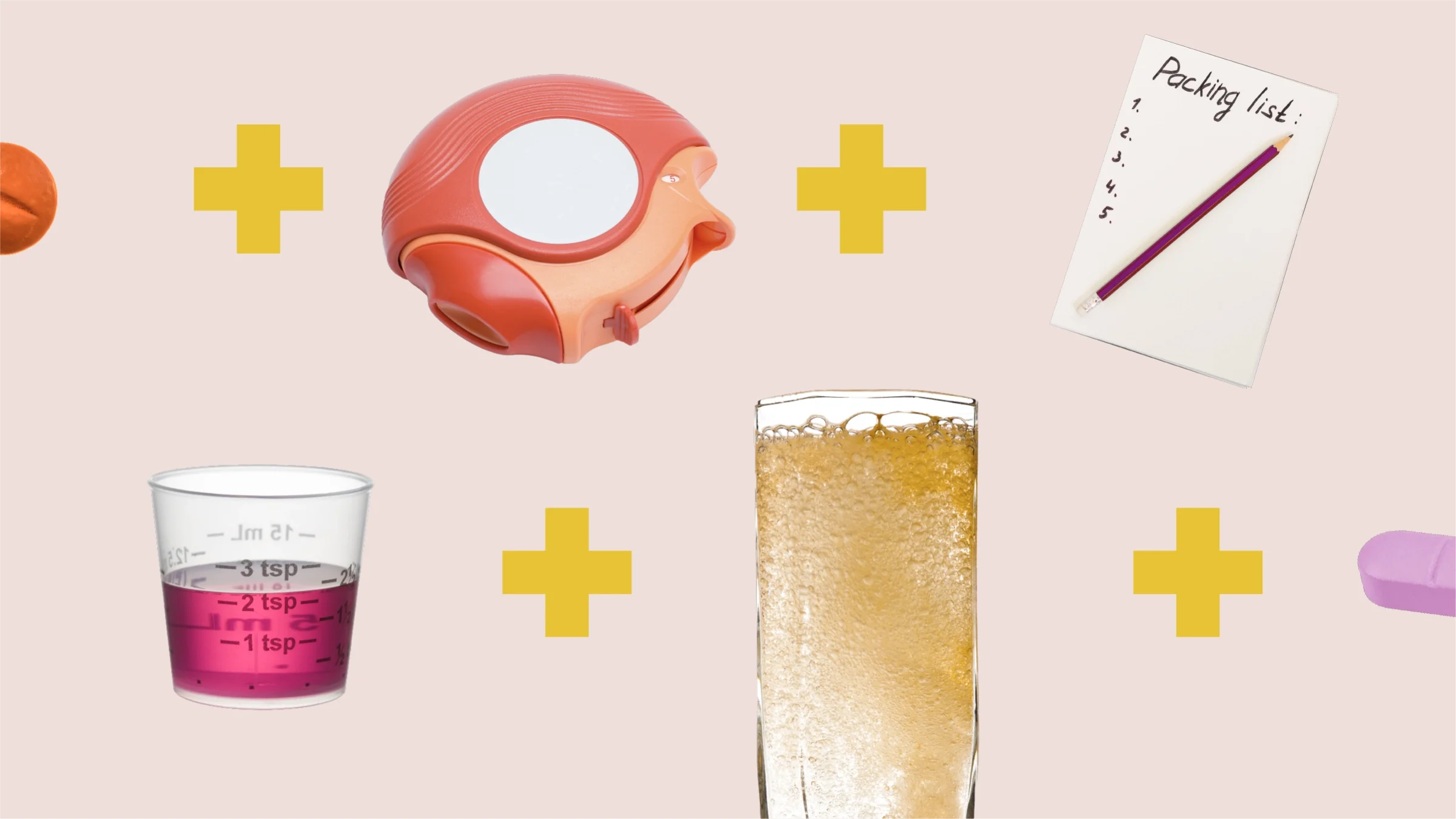 Light pink background with rows of items in Trish’s medicine cabinet. Top row, left to right: red pill, inhaler, packing list. Bottom row, left to right: cold medicine in a cup, vitamin c fizzy in a glass, and a pink allergy pill. 