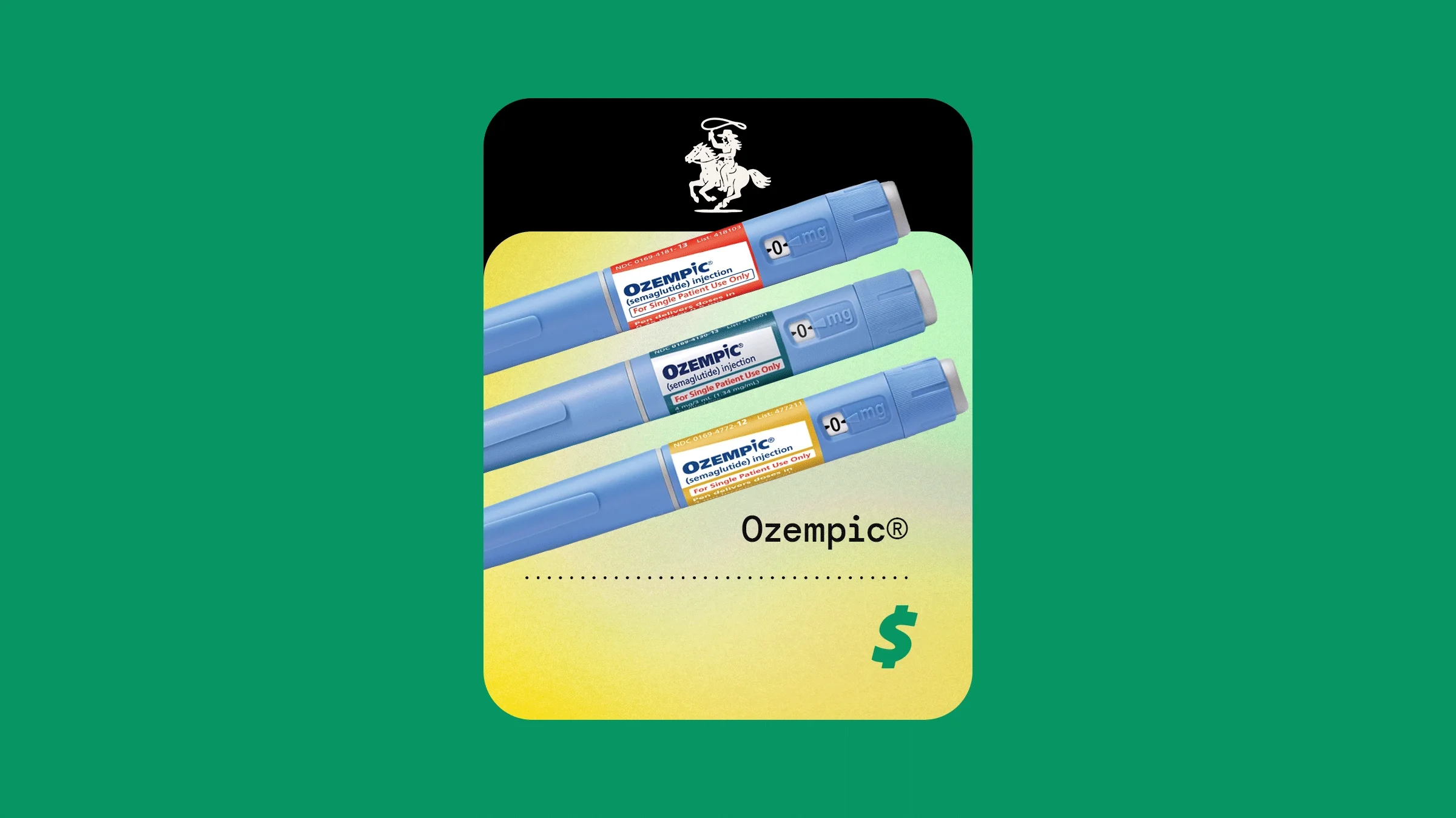 A graphic includes an image of Ozempic pens against a green and yellow background with a dollar sign below it.