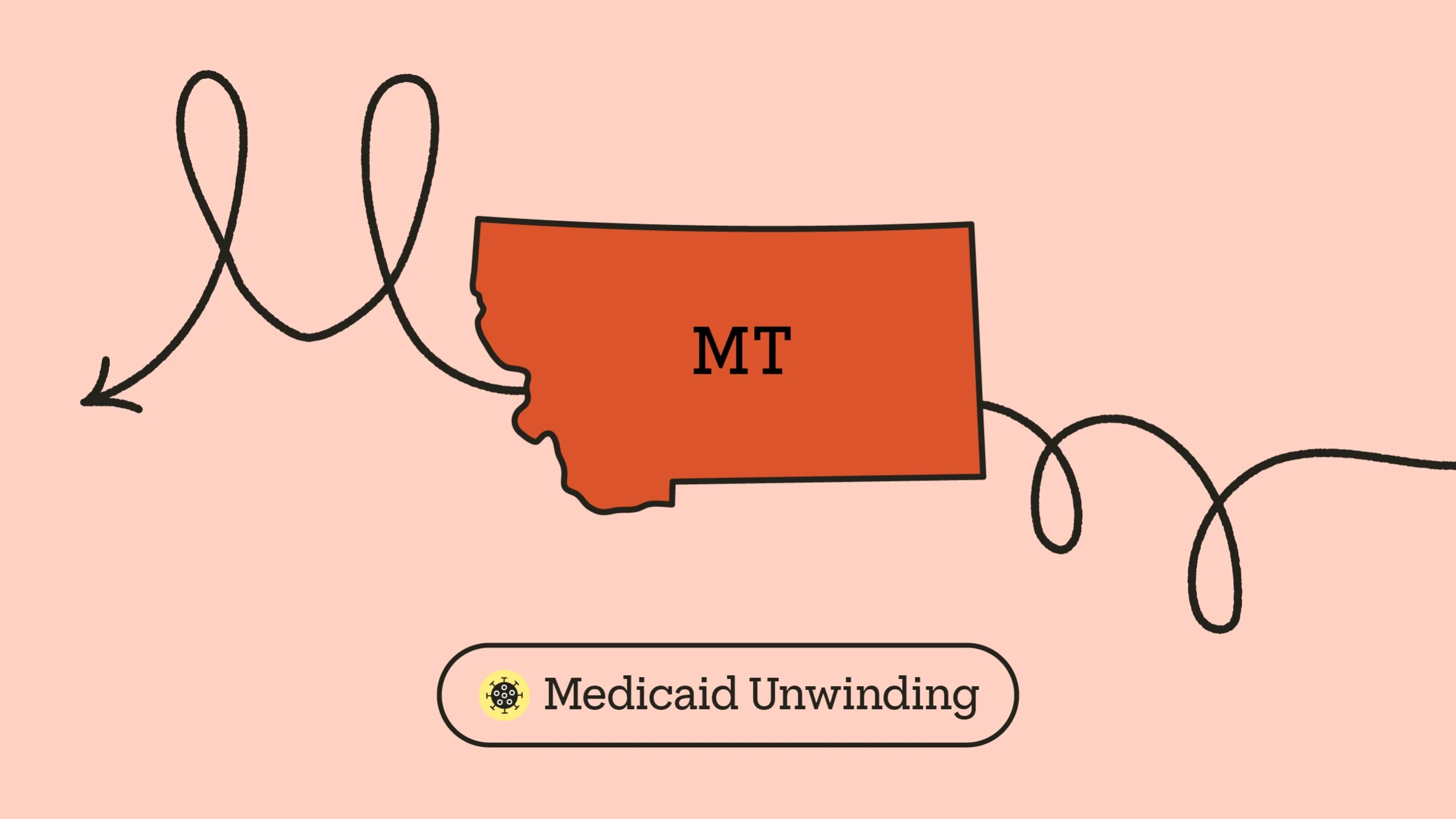Light red-pink background with red state outline of Montana in the center. There is a looping arrow across the frame creating the letter “M.” At the bottom it reads “Medicaid Unwinding” with a COVID-19 icon.