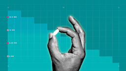 A black-and-white cutout of a hand is holding an oblong pill against a teal step-graph background.
GoodRx Health