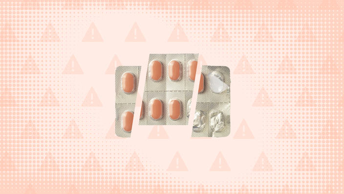 In the center of a light orange background with warning sign pattern and texture is a blister pack of oblong orange pills cut into thirds. 