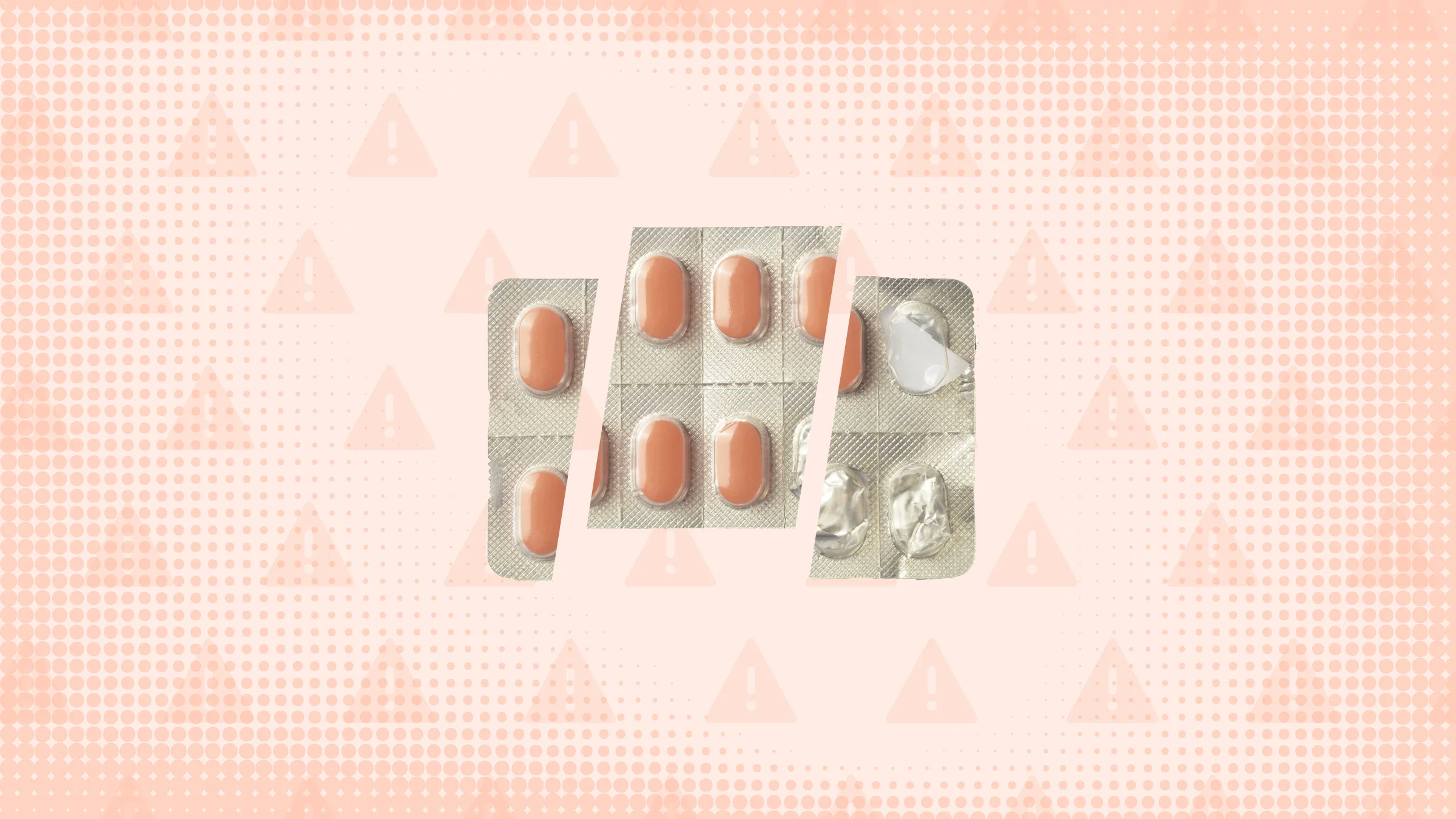 In the center of a light orange background with warning sign pattern and texture is a blister pack of oblong orange pills cut into thirds. 
GoodRx Health