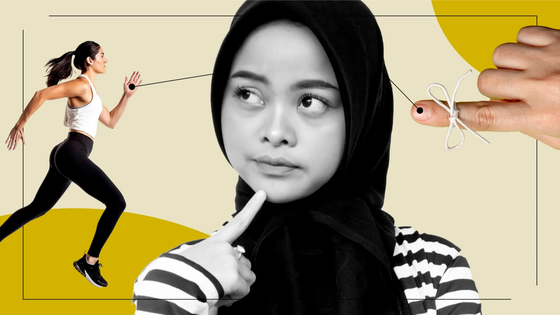 Tan background with yellow circles in corners. In the center is a black and white portrait of a woman thinking. There are diagram lines pointing from her to items representing the feelings of insomnia: a runner and a finger with a string tied around it.